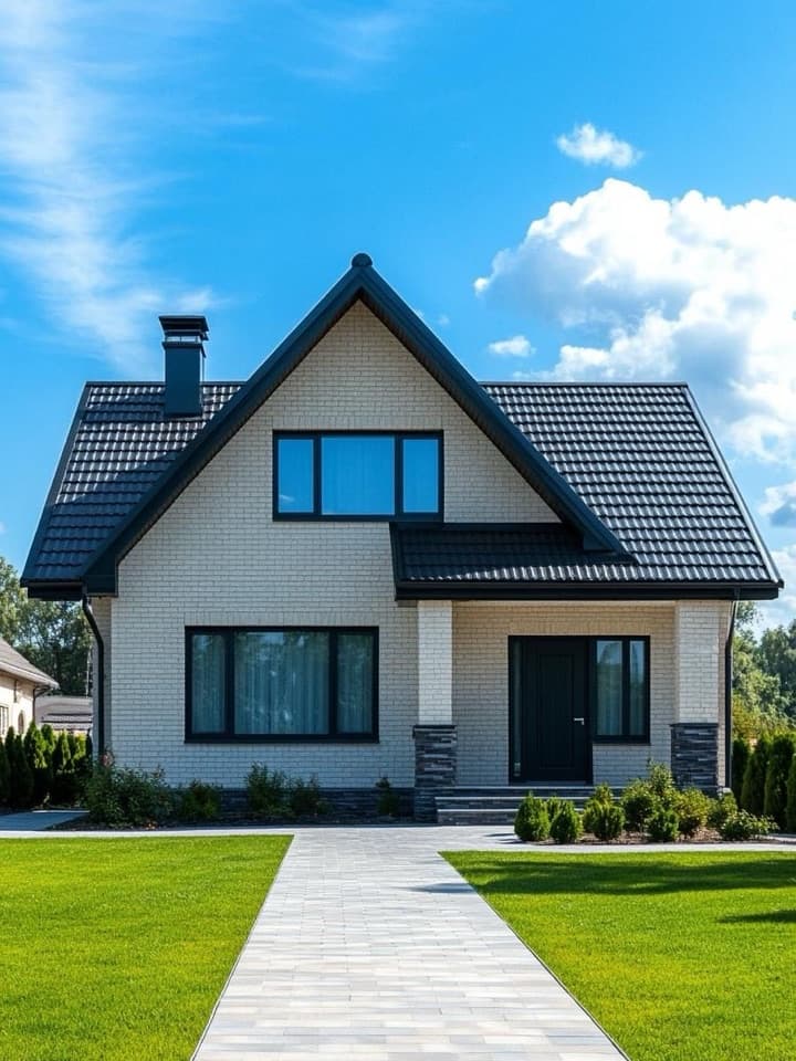 Brick house with a dark tiled roof and a paved path